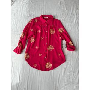 Figueroa & Flower Pink Embroidered Women's Shirt Size M, Roll Tab Sleeve, NWT